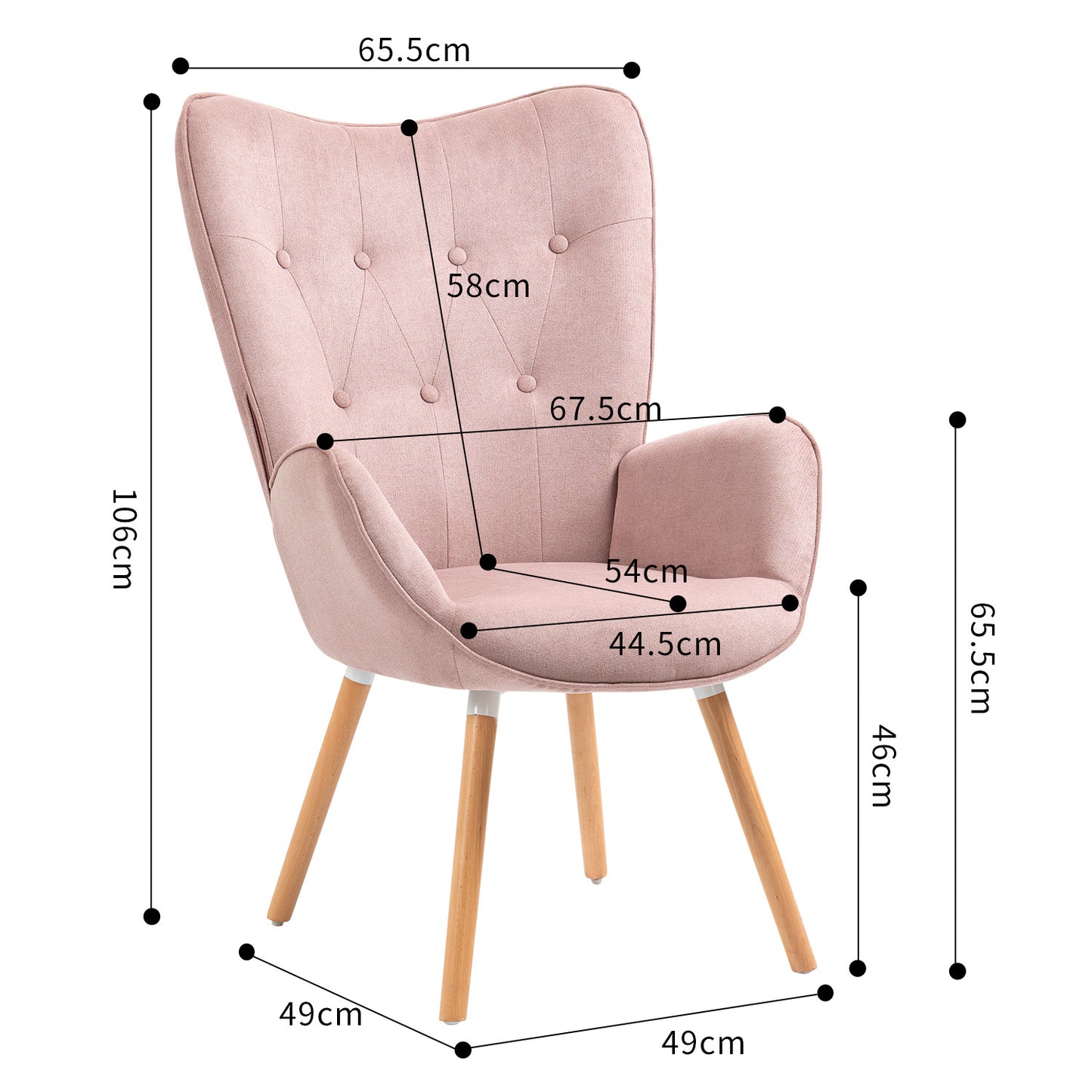 Slaapkamerfauteuil – Lounge Stoel – Zetel – Relaxfauteuil – Living Kamerstoel – Roze Stoffen Bekleding – Scandinavisch Design Met Eiken Houten Poten