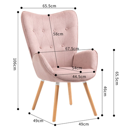 Slaapkamerfauteuil – Lounge Stoel – Zetel – Relaxfauteuil – Living Kamerstoel – Roze Stoffen Bekleding – Scandinavisch Design Met Eiken Houten Poten