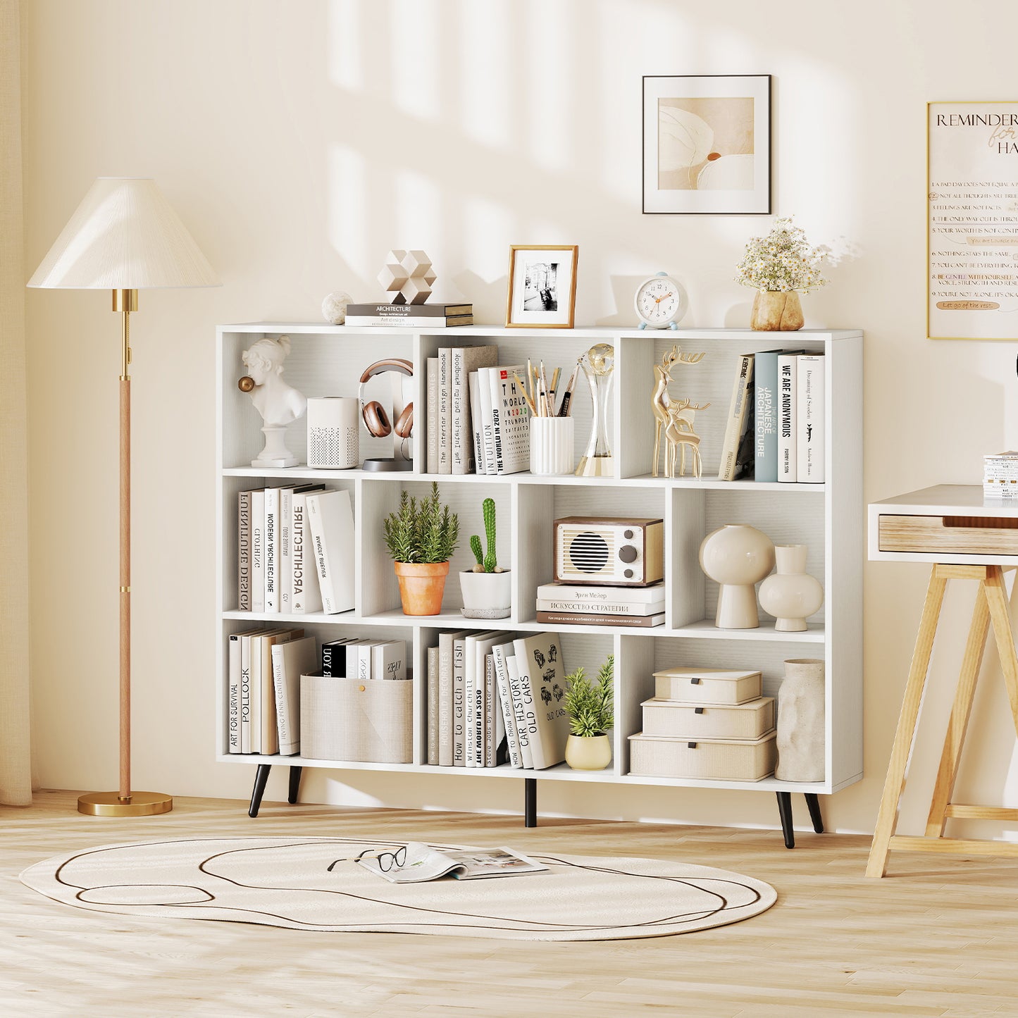 Opbergkast – Boekenkast – Wandkast – Opbergmeubel – Kast Met Vakken – Houten Kast Met 10 Vakken – Schuine Metalen Pootjes – Anti-Kantel Veilig Design – 140x24x107 cm – Duurzaam Hout
