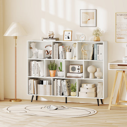 Opbergkast – Boekenkast – Wandkast – Opbergmeubel – Kast Met Vakken – Houten Kast Met 10 Vakken – Schuine Metalen Pootjes – Anti-Kantel Veilig Design – 140x24x107 cm – Duurzaam Hout