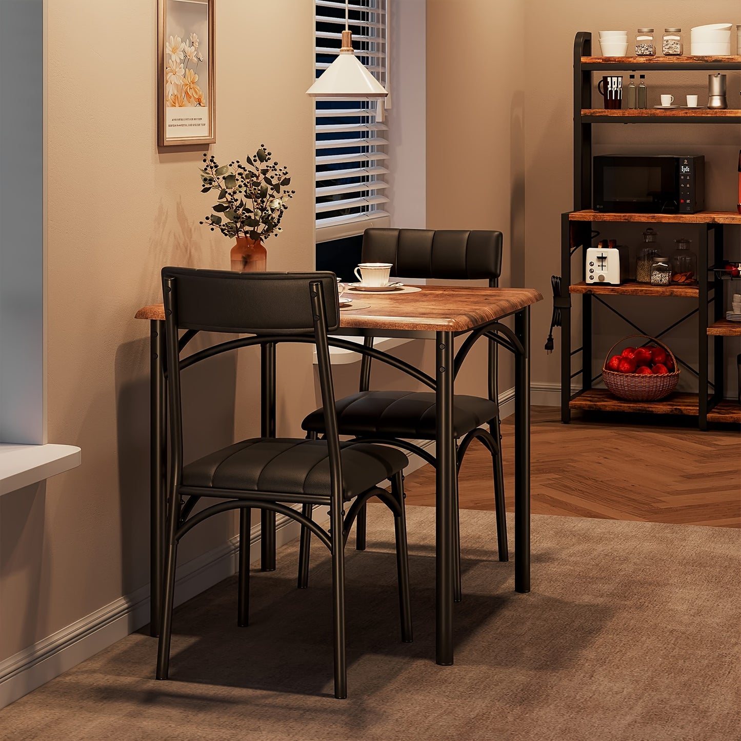 Eettafelset voor 2 Personen – Bistroset – Eettafel met Stoelen – Keukentafelset – Compacte Eettafel – Ruimtebesparend Ontwerp – Houten Tafelblad met Zwart Metalen Frame