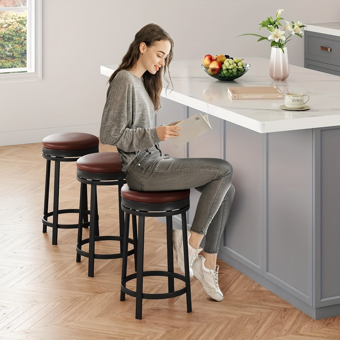 Barkrukken – Barstoelen – Barstoelen Zonder Rugleuning – Keukenstoelen – Barzetels – Draaibaar 360° – Met Voetsteun – Modern Rond Design – Onderhoudsvriendelijk
