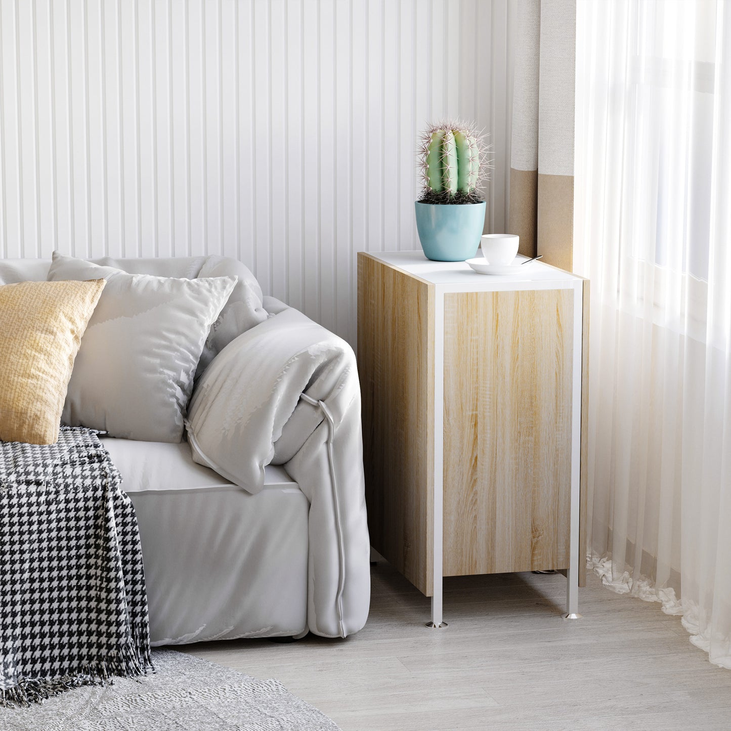Zijdelingse Tafel – Opklapbare Tafel – Bijzettafel – Eettafel – Werktafel – Ruimtebesparend Ontwerp – MDF Tafelblad Met Eikenlook Natuurlijk Wit Frame 169x60x75 cm