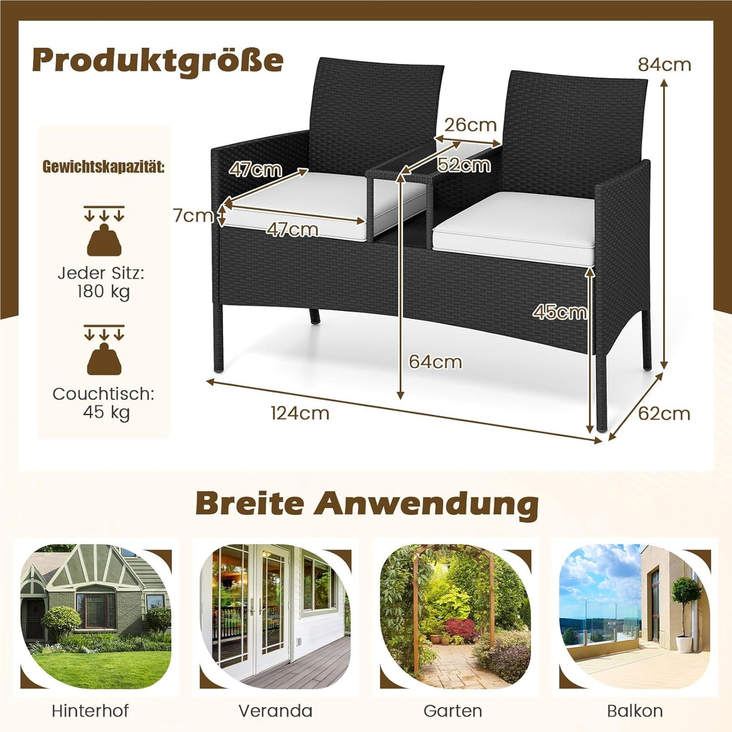 Tuinbank – Loungeset – Bistroset – Tuinmeubilair – Balkonmeubel – Tweezits Met Tafel – Weerbestendig PE-Rattan – Gehard Glas Tafelblad