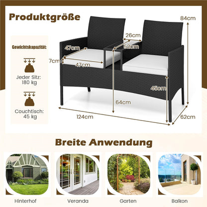 Tuinbank – Loungeset – Bistroset – Tuinmeubilair – Balkonmeubel – Tweezits Met Tafel – Weerbestendig PE-Rattan – Gehard Glas Tafelblad