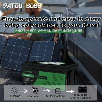 DATOUBOSS Lithium Battery 12V 300Ah LiFePO4, Integrated BMS 200A, 8000+Cycles Deep Cycle Lithium Battery, Max 3840W Power supported in series/parallel, Perfect for Solar, Camping-Car, Off-Grid