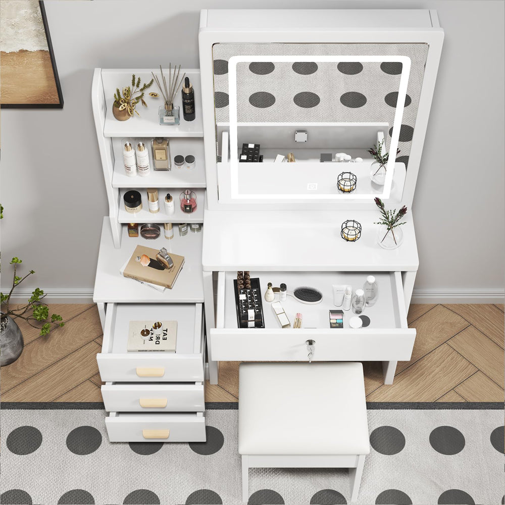 Make-up Tafel – Kaptafel – Schminktafel – Vanity Tafel – Make-up Bureau – Met Spiegel en Zacht Krukje – Metalen Frame – Wit – 85x130x36 cm