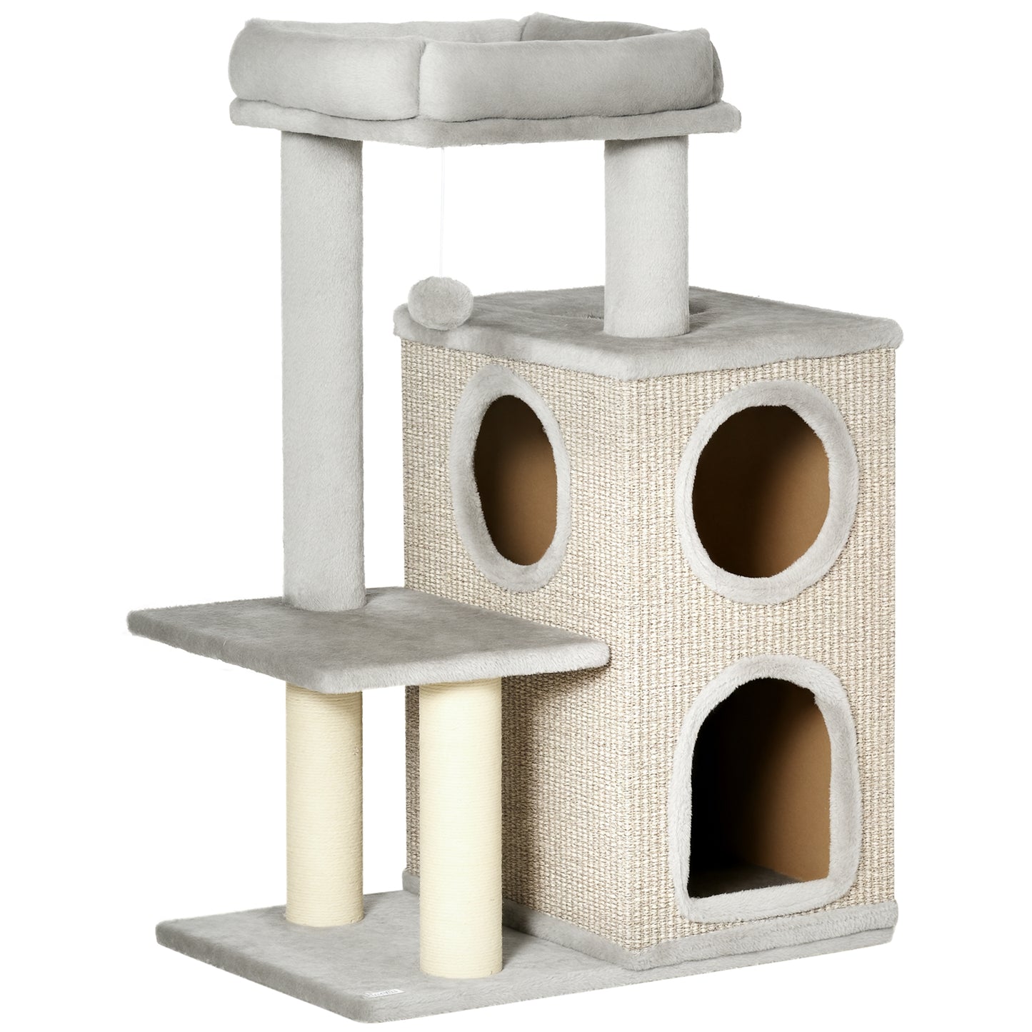 Krabpaal – Kattenkrabpaal – Kattenboom – Krabmeubel – Kattenhuis – Met Kattenhol En Speelbal – 91 cm Hoog – Lichtgrijs Met Natuurlijke Kleuren