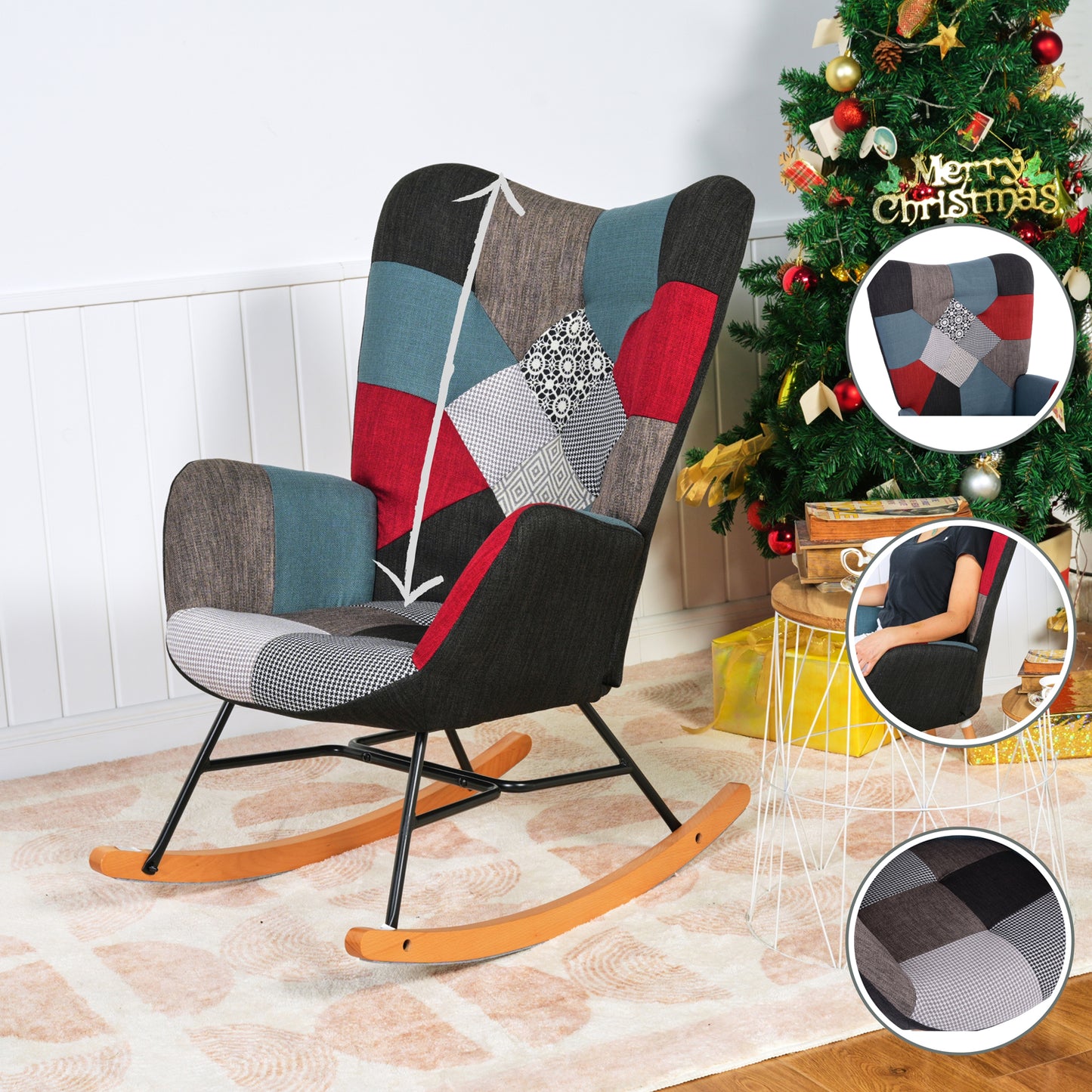 Schommelstoel – Zittingstoel – Relaxstoel – Stoel – Scandinavische Design – Mozaïek Variant – Massief Beukenhout – Metalen Frame – 66x84x97 cm