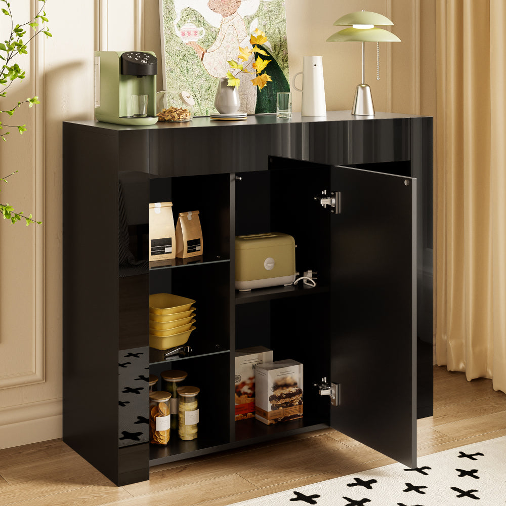 Dressoir – Opbergkast – Buffetkast – Ladekast – Wandkast – Modern Zwart – Glazen Deuren – Compact Design 95x35x83 cm – Duurzaam Zonder Elektriciteit