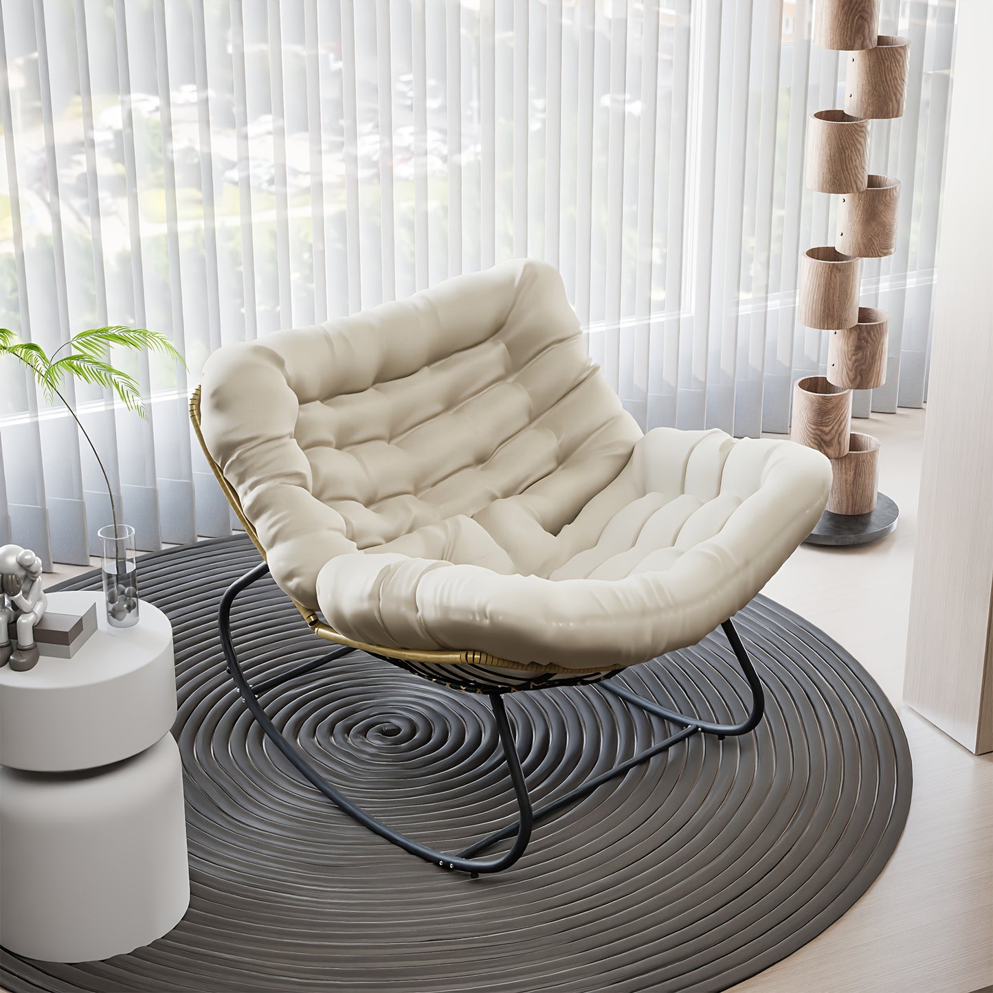 Oversized Wicker Egg Rocking Chair with Beige Cushion - Modern Indoor/Outdoor All-Weather PE Rattan & Metal Frame, Memory Foam Padding, Sturdy Rocker Base - Beige Lounge Chair for Patio, Porch, Balcony, Living Room - Easy-Cle
