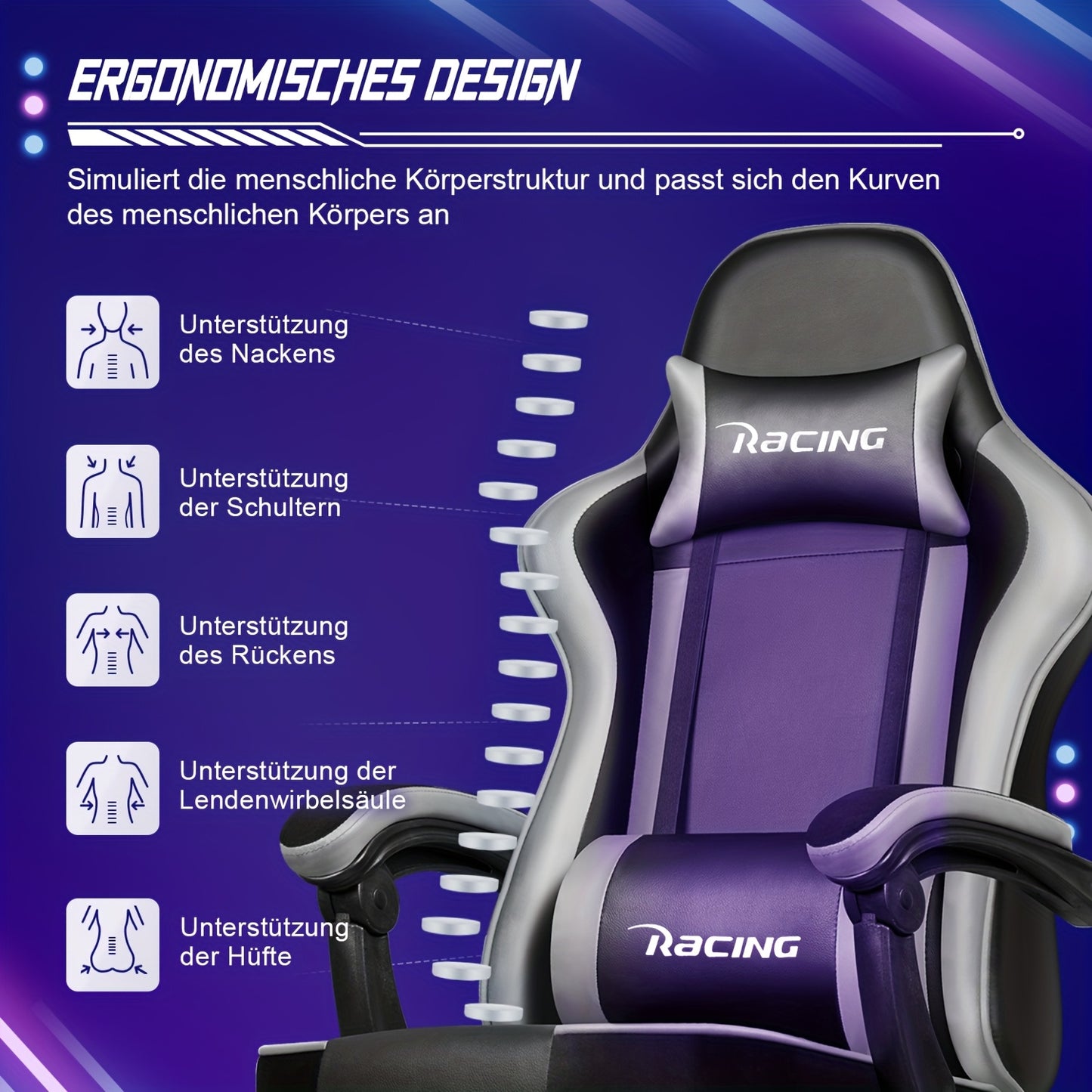 Ergonomische Gamingstoel – Gamechair – Bureaustoel – PC-stoel – Gamestoel – Met Verstelbare Lendensteun – 360° Draaibaar Met Voetensteun