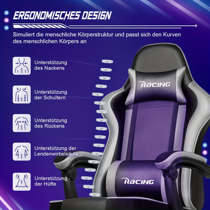 Gronfont Gaming Chair with Footrest, Ergonomic Gaming Chair with Adjustable Lumbar Cushion, Headrest Cushion, Height-Adjustable And Swivelling, PC Chair, Gaming Armchair 150kg, Black, Perfect Christmas Gift for Gamers & Home