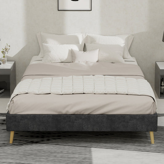 Bedframe – Bedombouw – Ledikant – Slaapkamermeubel – Slapen – 140x200 cm – Velours Stof Grijs – Modern Minimalistisch Design – Laag Platformbed – Eenvoudige Montage
