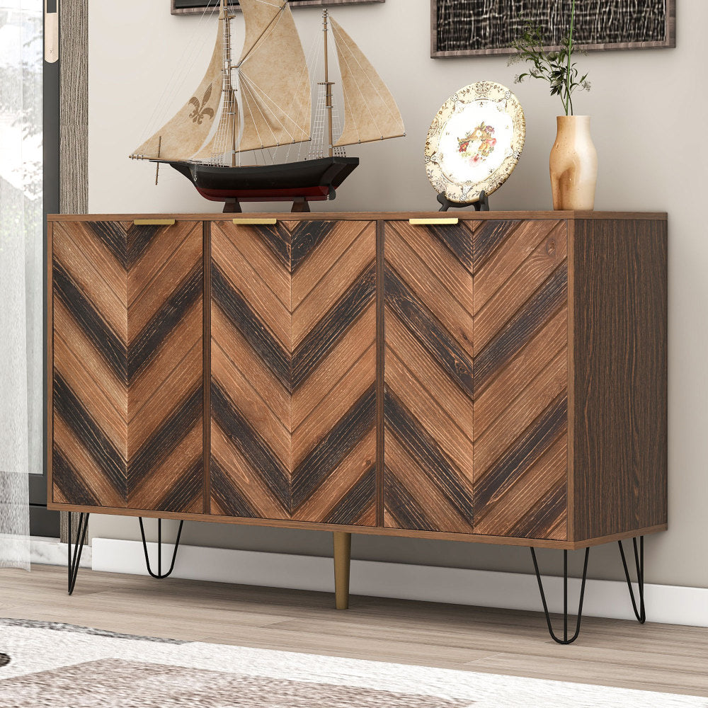 Three-Door Sideboard | Unique Design, Stylish Details, Ample Storage Space, Solid Wood Veneer Doors with Textured Surface, Veneered Interior, Includes Small Cabinet with Golden Accents