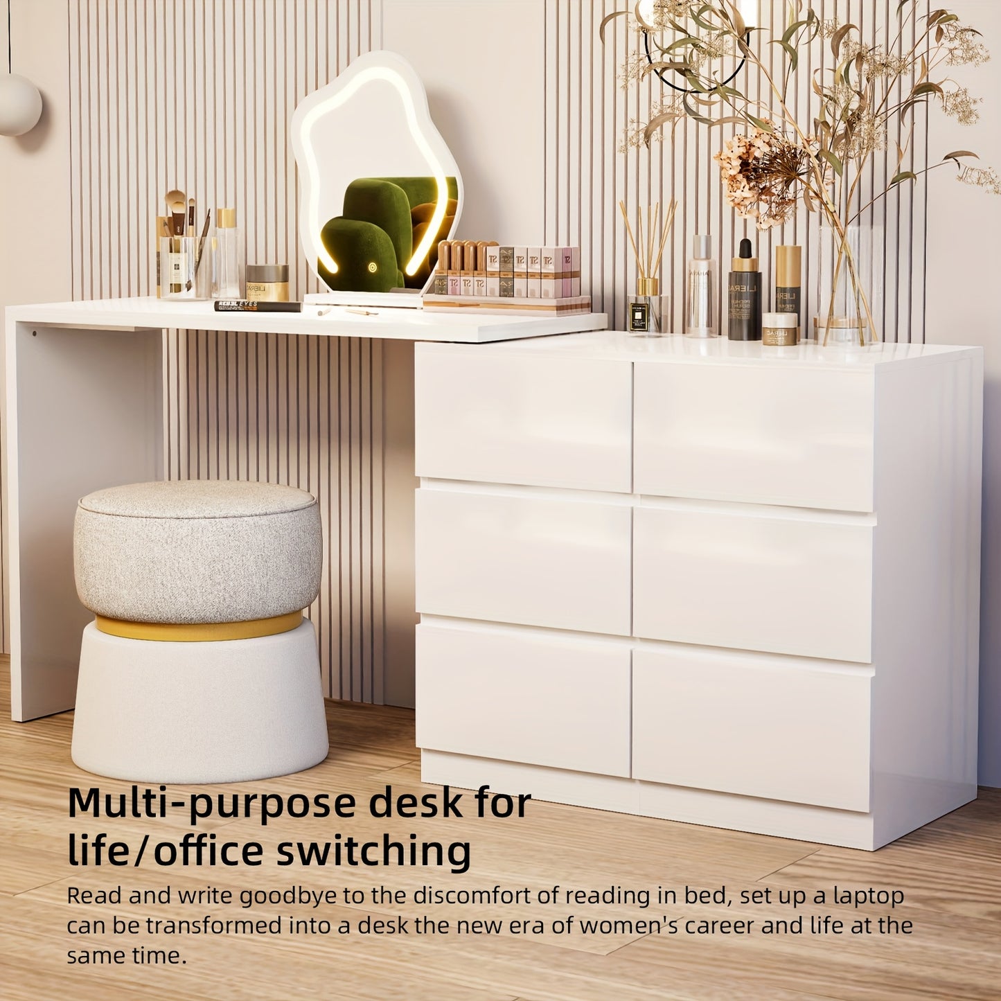 Make-up Tafel – Kaptafel – Dressing Table – Visagie Tafel – Make-up Bureau – Wit – 6 Lade Opbergruimte – Verstelbare Spiegel