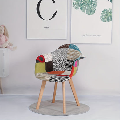 Set van 2 Boheemse Eetkamerstoelen – Rode Linnen Zitting met Contrasterende Ruitrugleuning, Beukenhouten Poten – Modern Farmhouse Stijl
