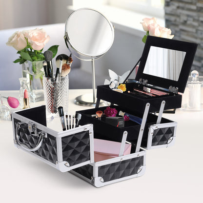 Make-upkoffer – Make-up trolley – Cosmetica koffer – Beautycase – Visagiekoffer – Aluminium frame – Uitklapbare 3-laags met slot en spiegel – Zwart – 20x15x15 cm