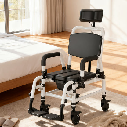 Reclining Shower Chair With Wheels, Mobile Shower Chair With Thickened Soft Seat Cushion, Backrest And Flip-up Armrests, Extra-wide Seat, 90°-140° Adjustable Tilt Bedside Commode Chair, Suitable For The Elderly And Disabled
