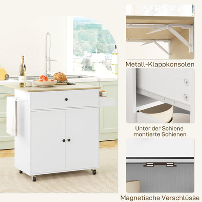 Keukentrolley – Keukenwagen – Serveerwagen – Werktafel – Opbergtrolley – Inklapbaar Werkblad – Verstelbare Plank – Wit