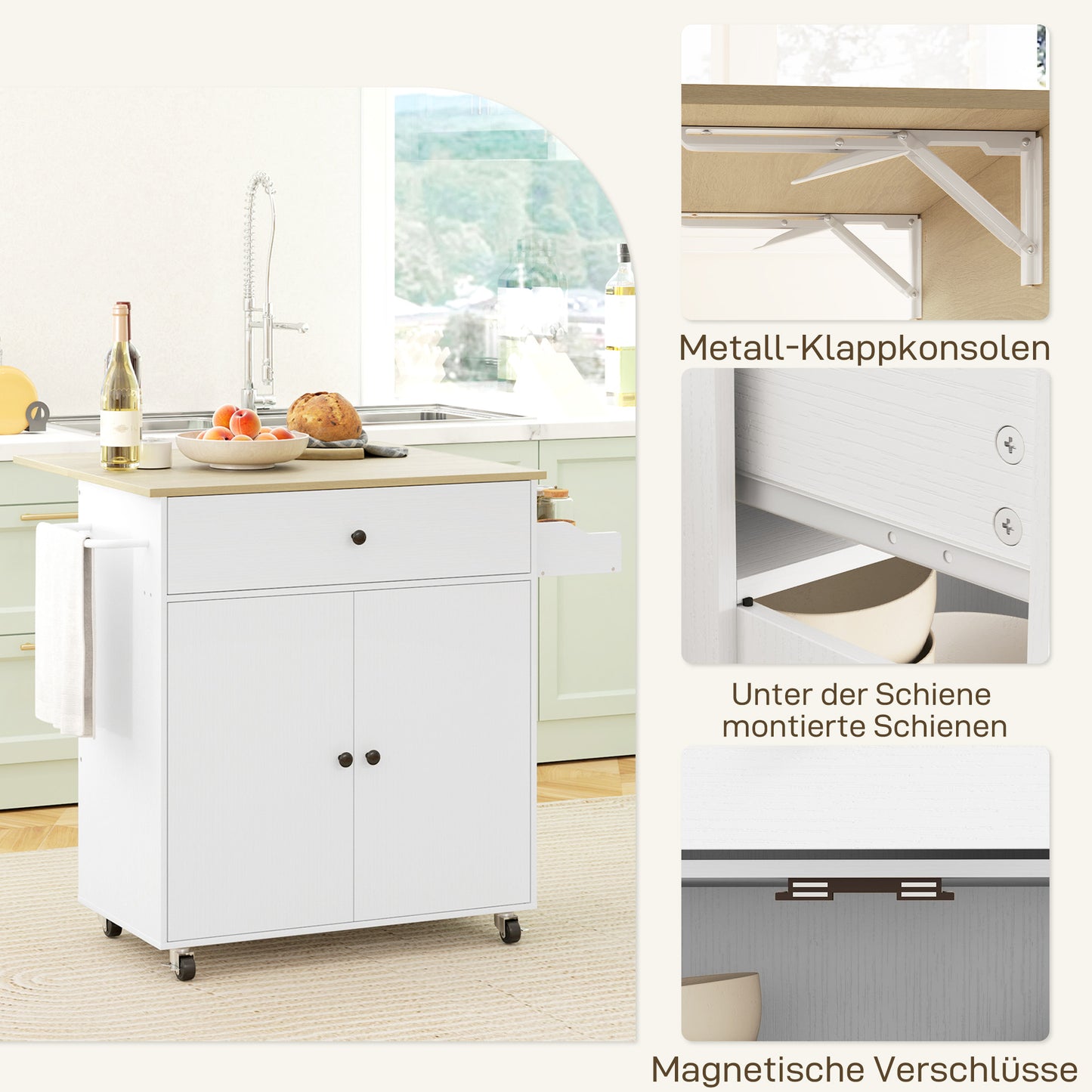 Keukentrolley – Keukenwagen – Serveerwagen – Opbergtrolley – Keukenrek – Uitklapbaar Werkblad – MDF Wit/Eiken 106x42x87 cm