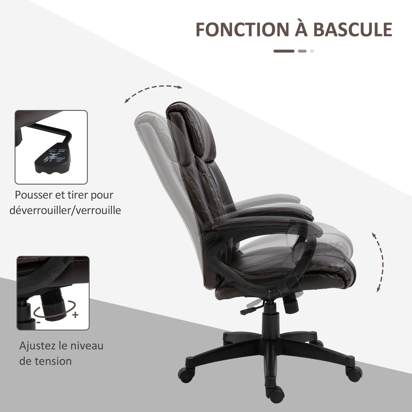 Ergonomische Bureaustoel – Bureaustoel Met Wielen – Draaistoel – Kantoorstoel – Werkstoel – Verstelbare Zithoogte – Kunstleren Bekleding Chocola