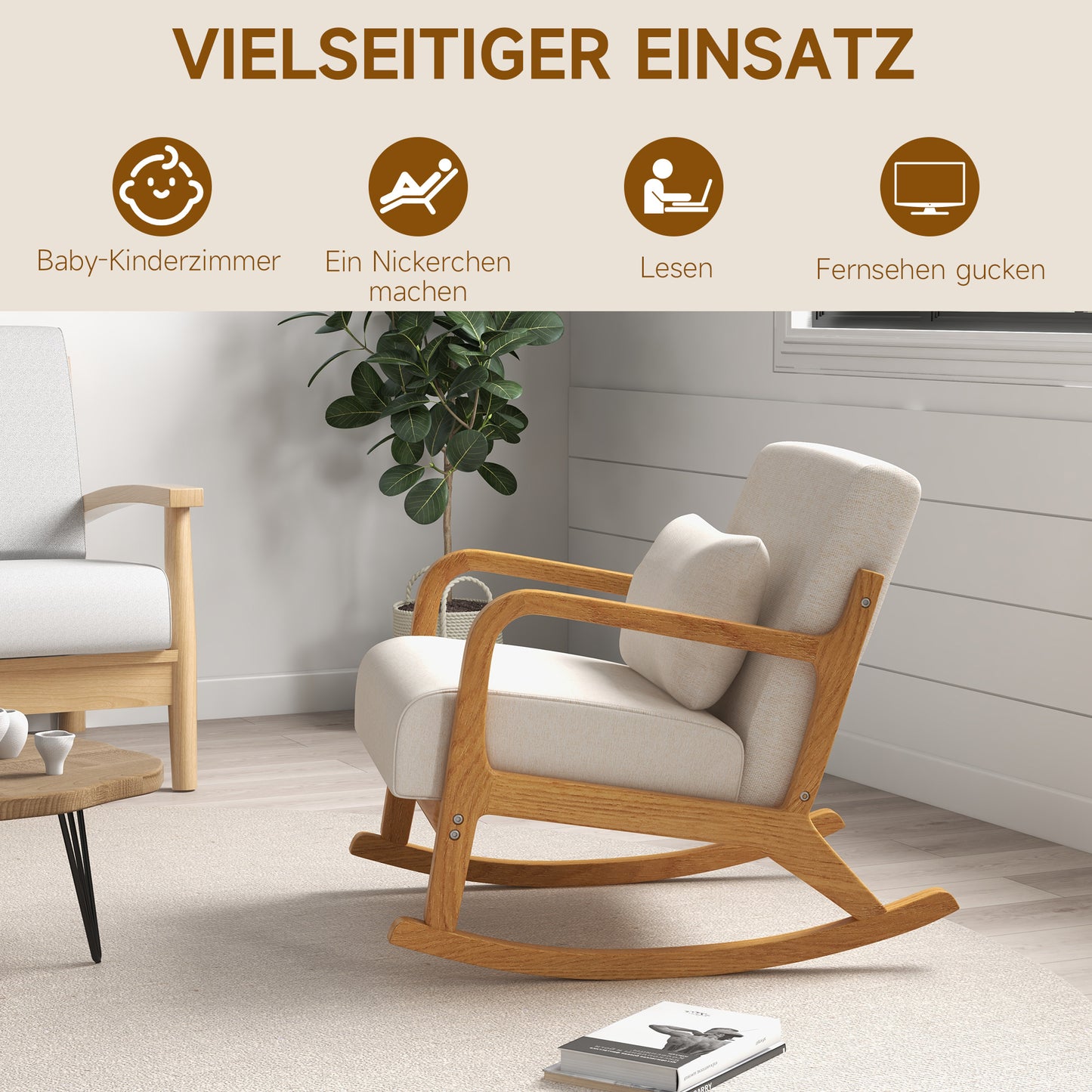 Schommelstoel – Rocking Chair – Schommelzetel – Houten Schommelstoel – Retro Stoel – Rubberhout – Compact Formaat – Mechanisch Schommelmechanisme – Beige Bruin