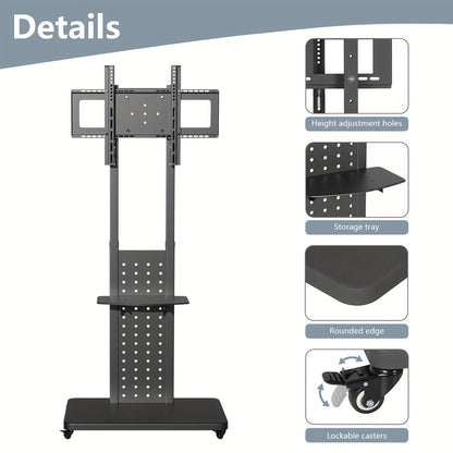 Mobiele TV-standaard – Verrijdbare TV-standaard – TV Trolley – Verstelbare TV-houder – VESA TV-meubel – Geschikt voor 32-65 inch – Zwart Staal – Verstelbare Hoogte 110-160 cm – Wielen met Remmen – Draagkracht 49,9 kg