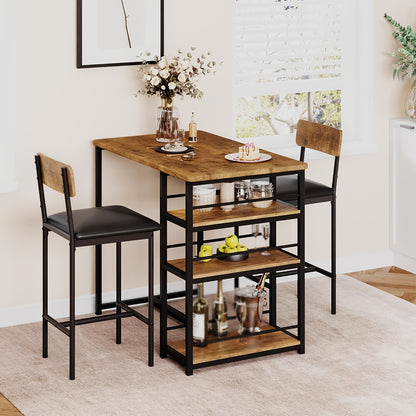 Retro Industriële Bar Set – Bistro Set – Keukentafel Met Stoelen – Barmeubel – Ontbijthoek Meubel – Compact 3-Delig – Duurzaam Hout En Metaal – Met 3 Niveaus Planken