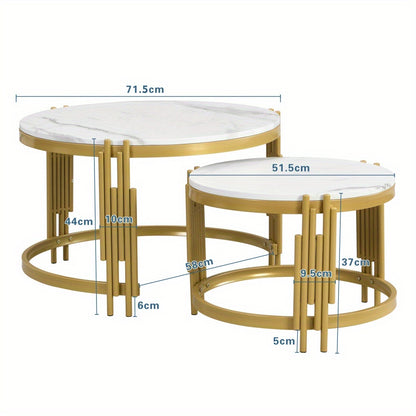 Modern Round Modular Coffee Table & Combination Table - Marble Top with Golden Metal Frame, Space-Saving Expandable Suitable for Living Room, Assembly, Durable Contemporary Table (Wood-Free)