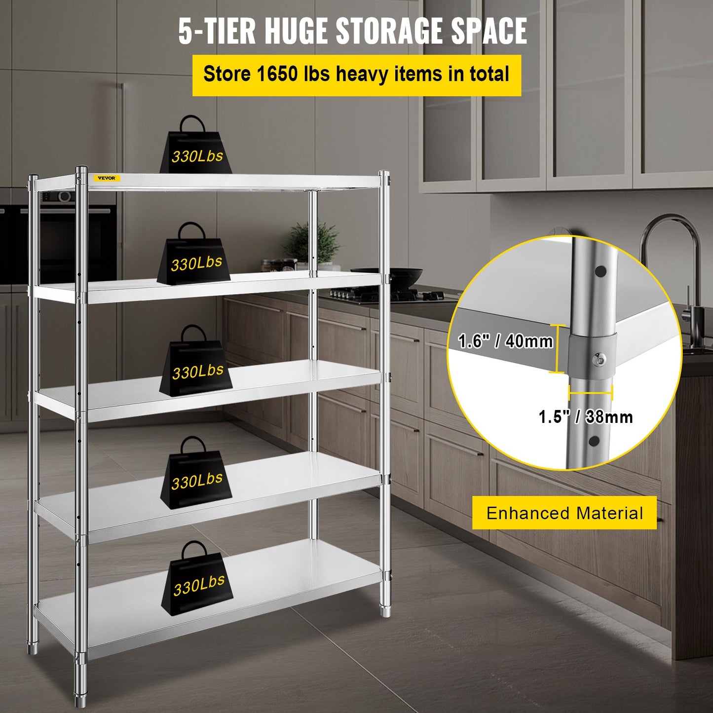 Stalen Opbergrek – RVS Rek – Opslagrek – Stellingkast – Garage Rek – 5 Verstelbare Planken – Hoog Draagvermogen 150 kg Per Plank