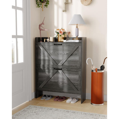 Schoenenkast – Schoenrek – Schoenopberger – Schoenmeubel – Schoenendoos – Smal Ruimtebesparend Design – 2 Kantel-Lades – Zwart Houtlook – Vrijstaand – Eenvoudige Montage