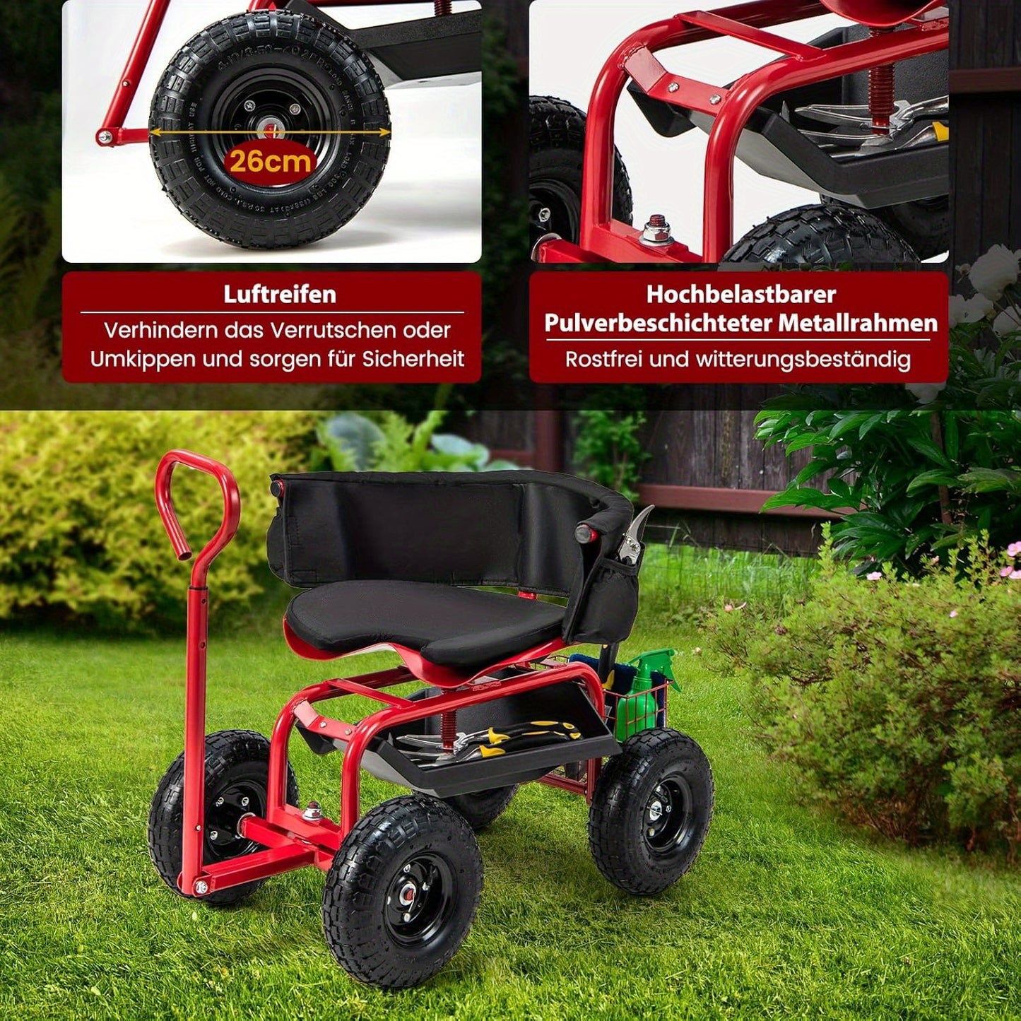 Tuinkar – Tuintrolley – Tuinwagen – Afvaltrolley – Bolderkar – Met 360° Draaibare Zitting – Met Verstelbare Duwstang en 25,4 cm All-Terrain Banden