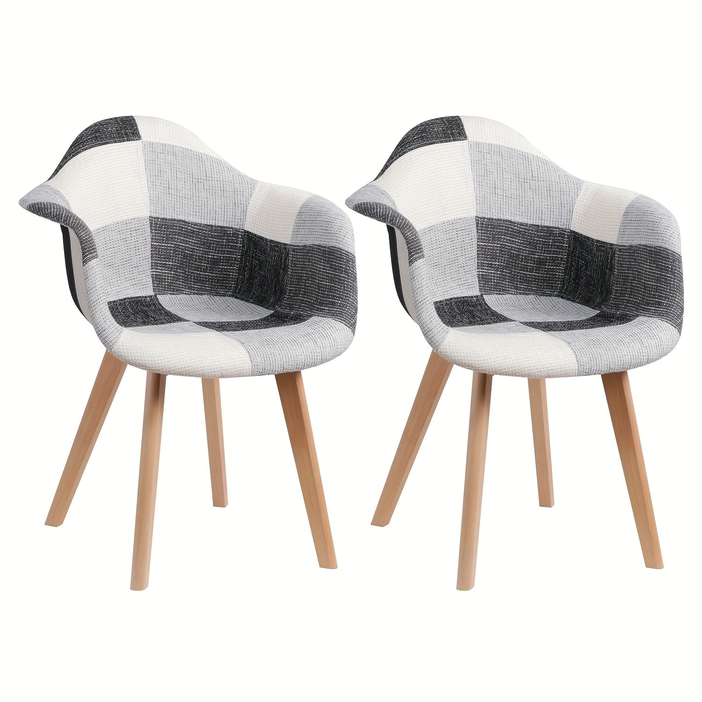 Set van 2 EGOONM Eetkamerstoelen – Klassiek Vintage Design, Grijs-Witte Ruitstof, Beukenhouten Poten met Armleuningen – Duurzaam en Elegant