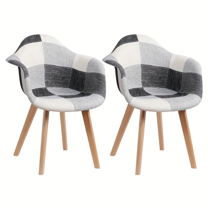 Set van 2 EGOONM Eetkamerstoelen – Klassiek Vintage Design, Grijs-Witte Ruitstof, Beukenhouten Poten met Armleuningen – Duurzaam en Elegant