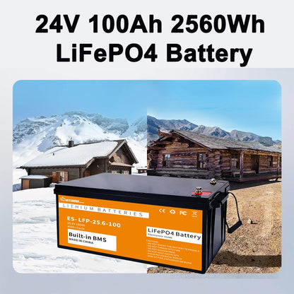 24V 100Ah LiFePO4 Accu – Lithium Batterij – Thuisbatterij – Zonne-energie Accu – Camper Accu – Snelladen – Hoge Capaciteit 25,6V