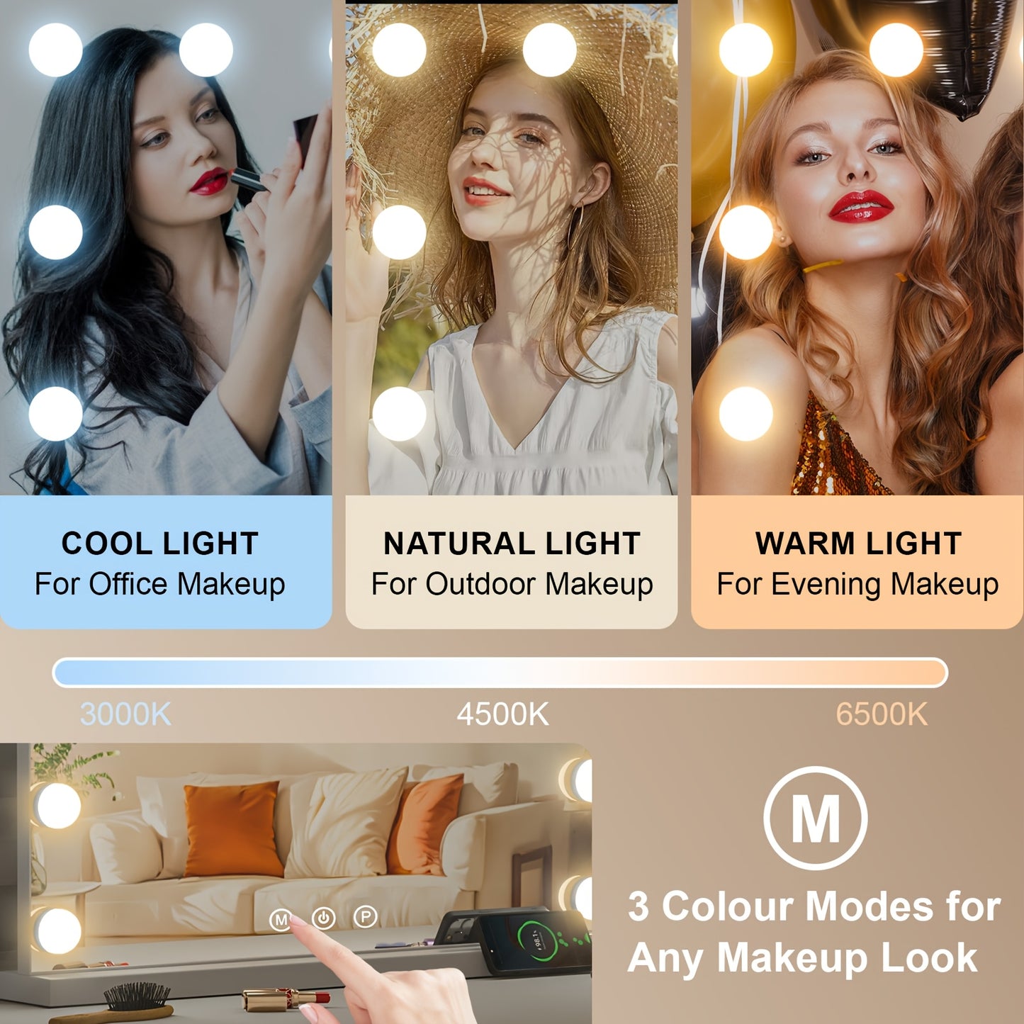 Make-up spiegel – Beautyspiegel – Vergrootspiegel – Verlichte spiegel – Scheerspiegel – 59x52 cm – 17 dimbare LED’s – 3 lichtstanden – USB-aangedreven – Dual mount design