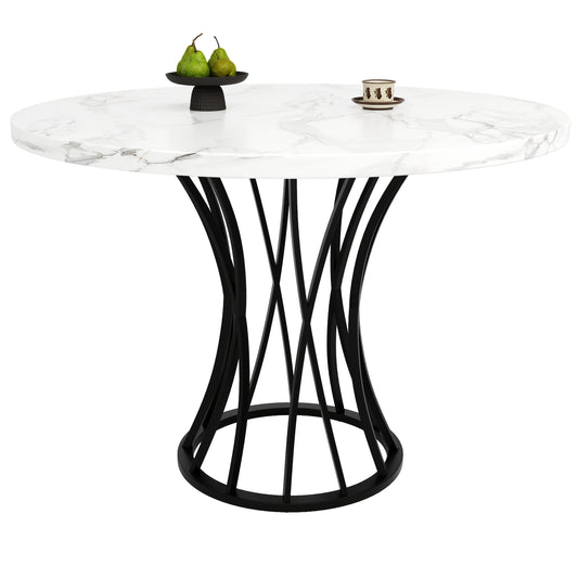 Modern Round Dining Table - Marble-like top, Seats 4-6 People, Space-Saving Design for Dining Room, Living Room, Kitchen - Easy Assembly Required, Dining Room Table, Metal Legs Table