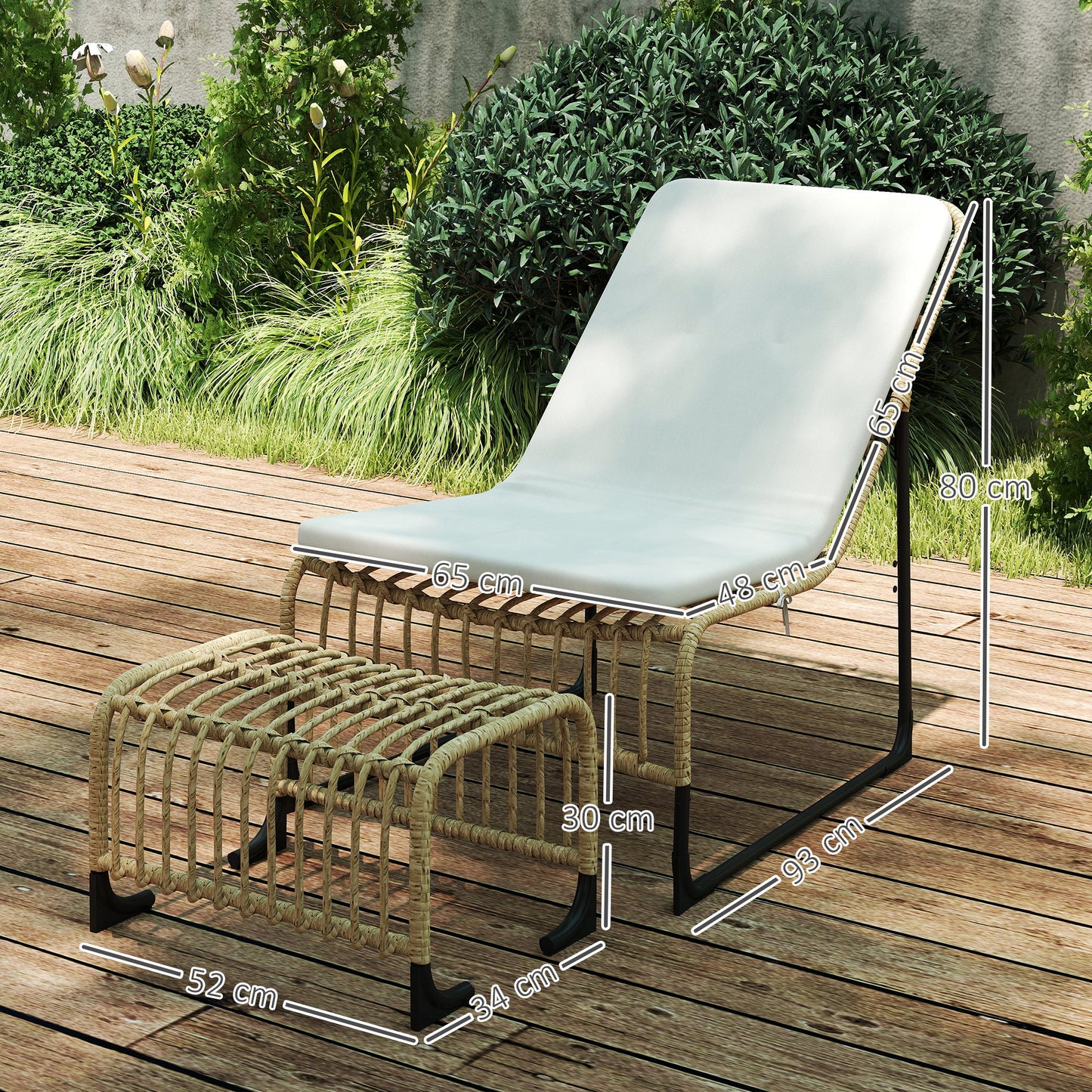 Rotan Loungestoel – Rieten Fauteuil – Tuinstoel – Relaxstoel – Balkonstoel – Weerbestendig Kunststof Rattan – Inclusief Voetenbank en Kussen met Fixatiebanden 65x93x80 cm