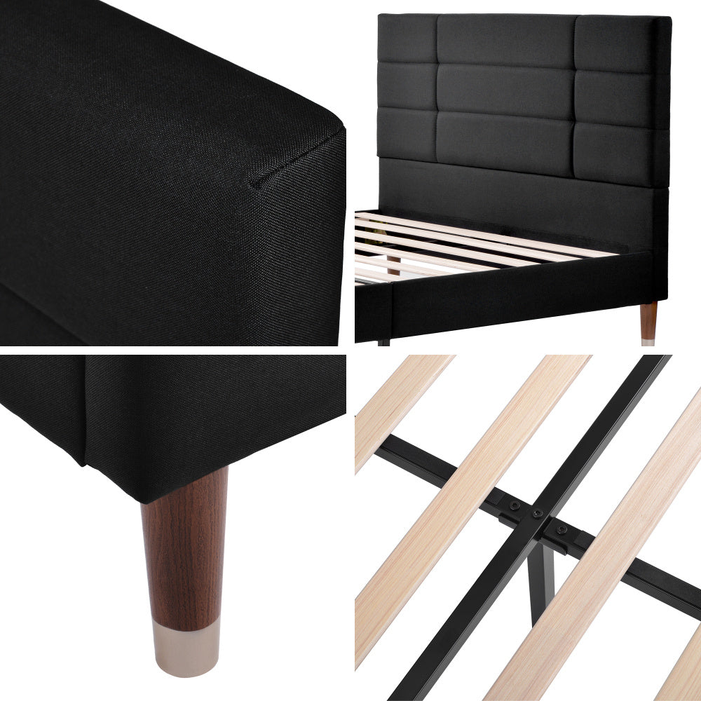 Bedframe – Houten Bed – Eenpersoonsbed – Opbergbed – Slaapbank – Modern Design – 140x200 cm – Massief Hardhout & Linnen – Geen Elektriciteit – Ruimtebesparend – Zwart