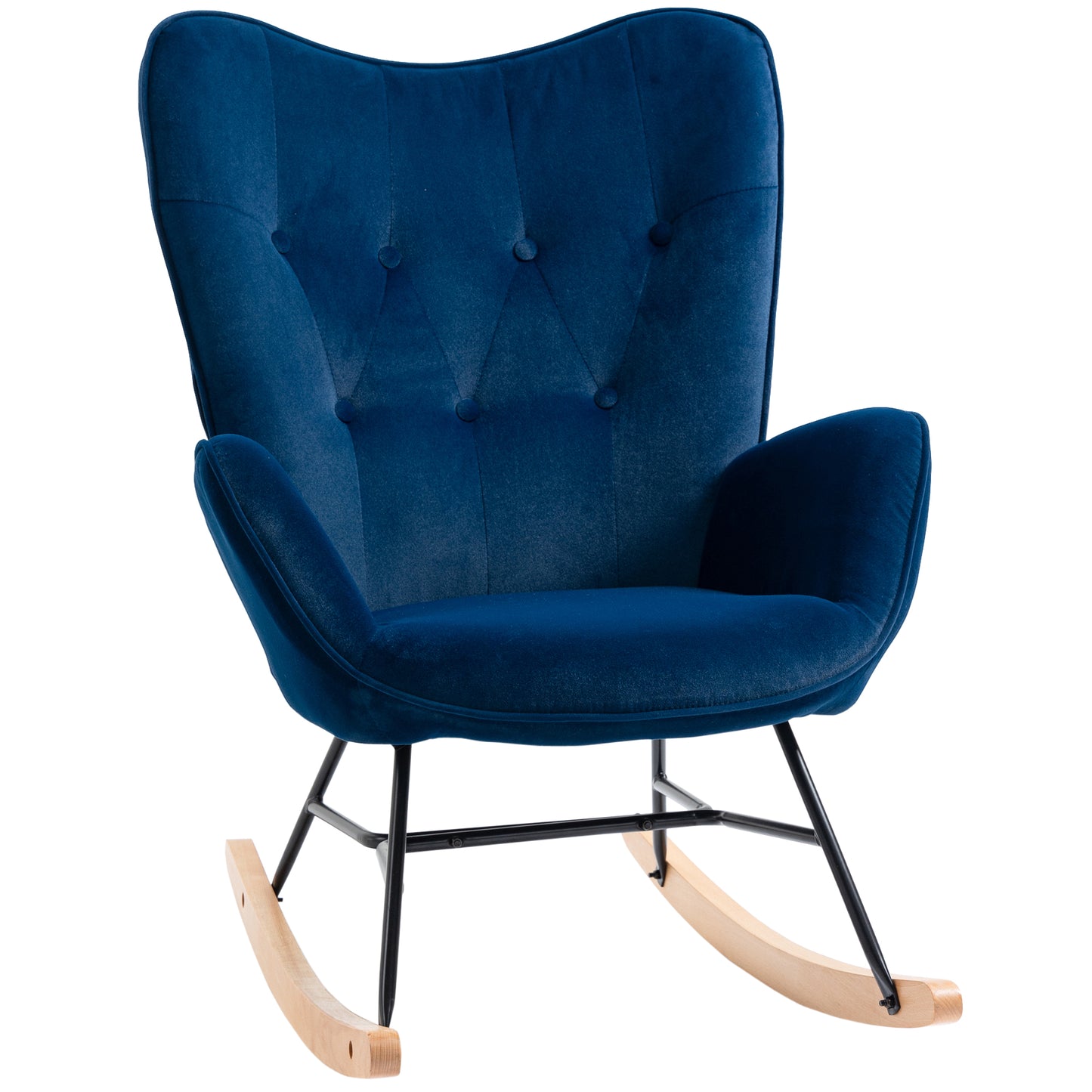 Schommelstoel – Wiegstoel – Relaxstoel – Lounge Stoel – Zitstoel – Velvet Bekleding – Houten Frame – Draaggewicht 150 Kg – Diepblauw Design