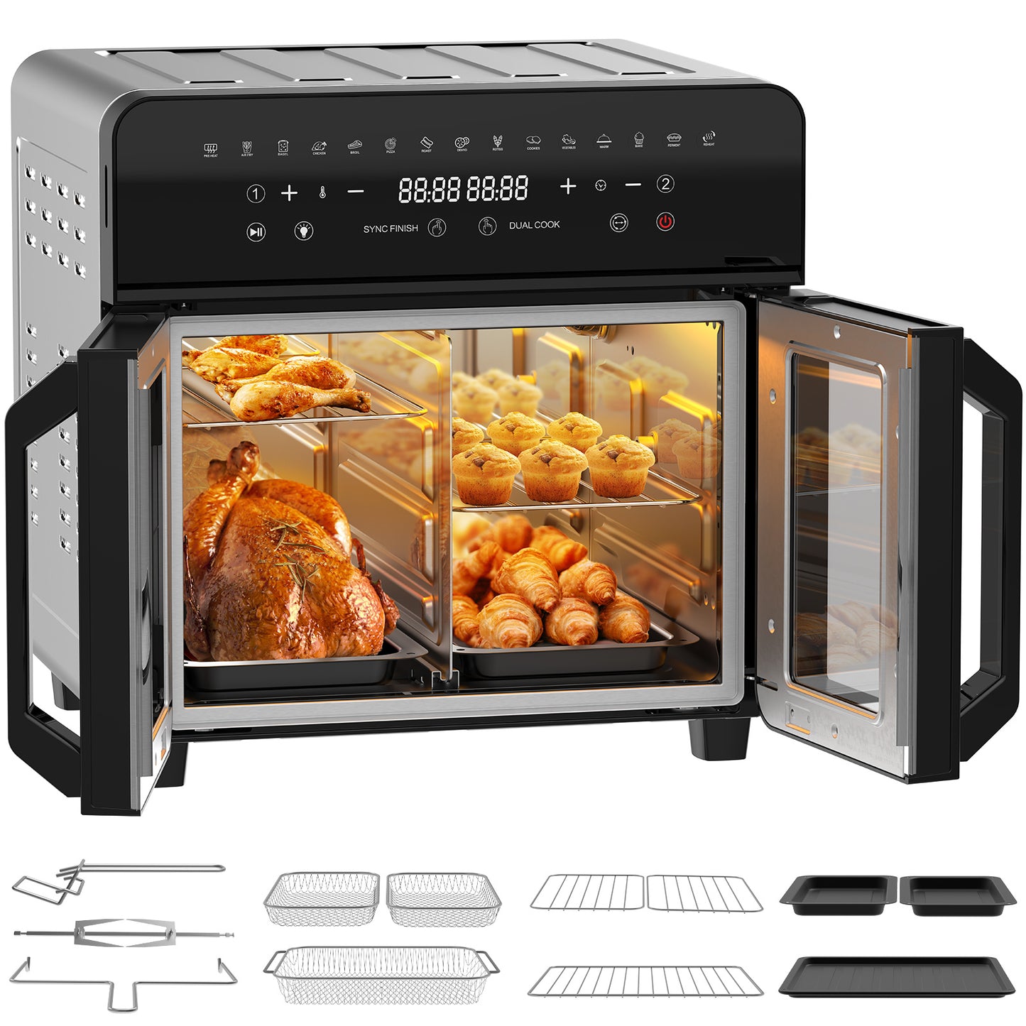 Heteluchtfriteuse – Airfryer – Frituurpan – Mini Oven – Heteluchtoven – XXL 23L Dual Zone – 15 Programma’s – 2200W – Roestvrijstaal – Dubbele Kamer