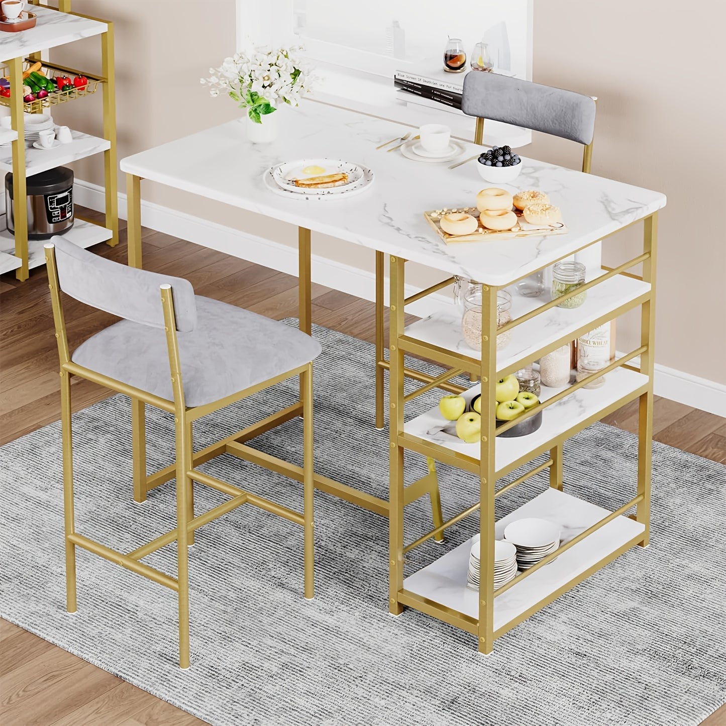 Barset Golden Marble – Bistrotafel Set – Eettafel Compact – Keukentafel Met Stoelen – 3-Tier Rek – Ruimtebesparend – Moderne Gouden Accent
