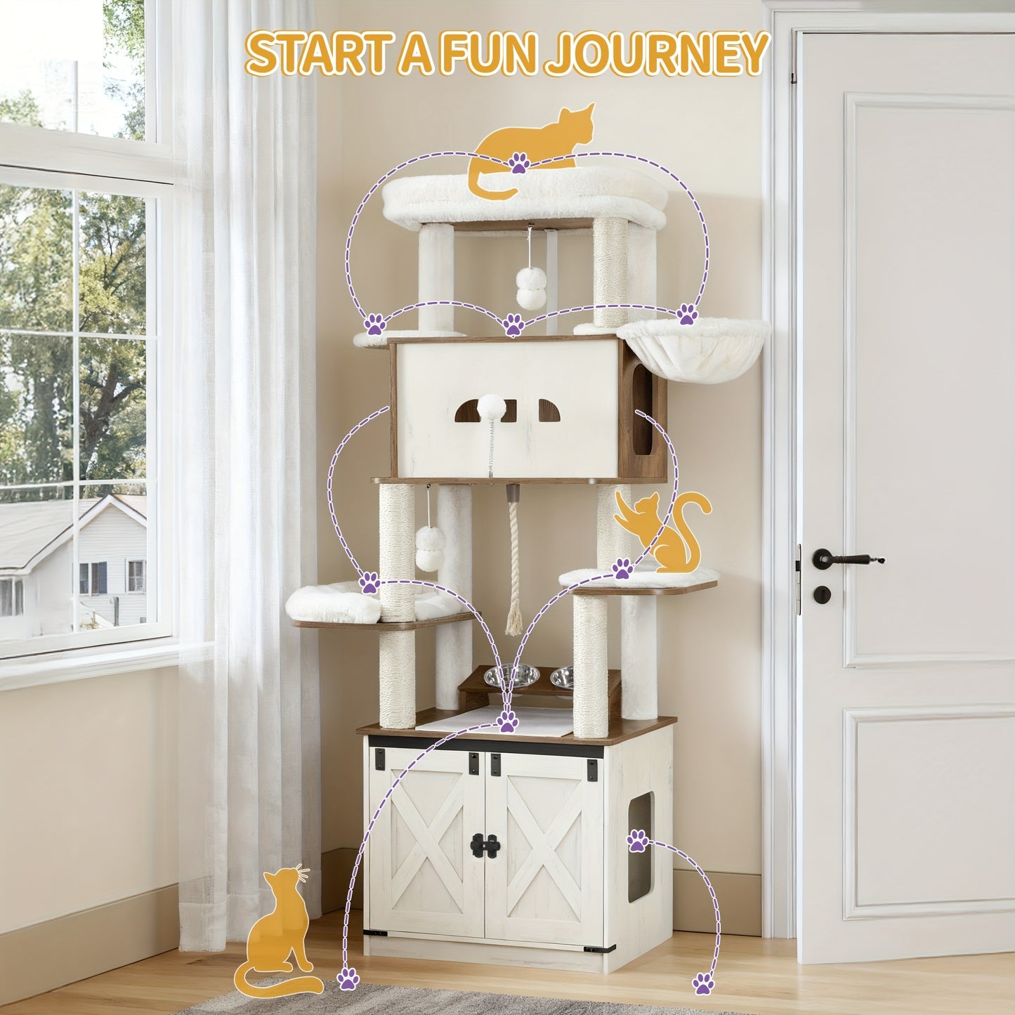 All-in-One Multi-Level Cat Tree Tower with Litter Box & Food Station - 173cm Tall Cat Furniture for Large Breeds, Spacious Platforms, Sisal Scratching Posts, Hammock, Removable Washable Cushions & Plush Balls - Compatible wit - QUORE