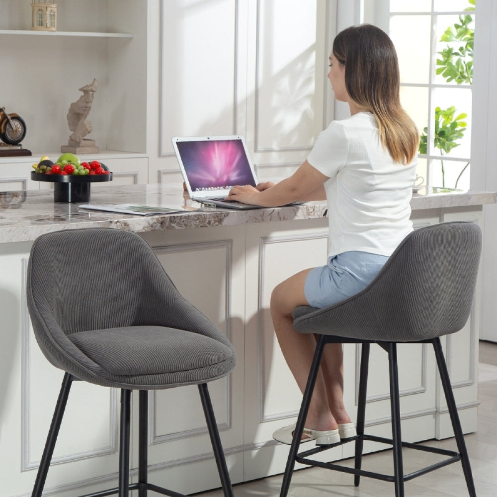 Barstoel – Barkruk – Barkruk – Keukenstoel – Barstoel Set Van 2 – Corduroy Bekleding – Stalen Poot – Ergonomische Rugleuning – Zithoogte Aanrecht – Modern Design – Comfortabel & Stevig
