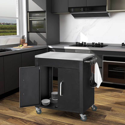 Keukentrolley – Serveerwagen – Werktafel – Barbecuewagen – Keukenwagen – Zwart – RVS Werkblad – Vier Wielen Mobiel