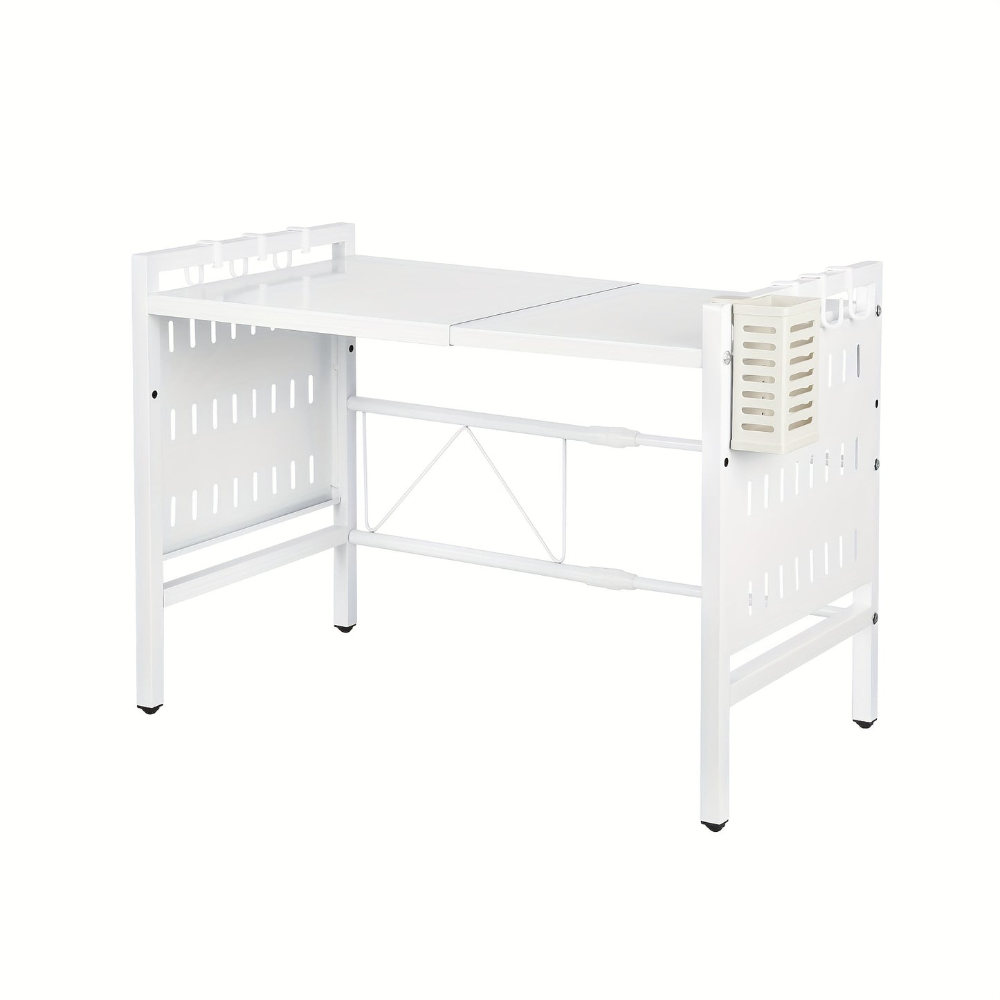Metalen Magnetronrek – Keukenrek – Opbergrek – Plank – Rek Verstelbaar – Verstelbare Breedte 42-68 cm – Robuust Zwaar Stalen Frame – 6 Haken & Eetstokjeshouder – Wit 42x36x46 cm