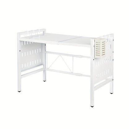 Metalen Magnetronrek – Keukenrek – Opbergrek – Plank – Rek Verstelbaar – Verstelbare Breedte 42-68 cm – Robuust Zwaar Stalen Frame – 6 Haken & Eetstokjeshouder – Wit 42x36x46 cm