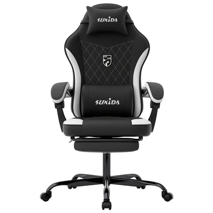 Gamingstoel – Bureaustoel – Gamestoel – Stoel Met Voetensteun – Ergonomische Stoel – Memory Foam Zitting – Instelbare Rugleuning – Zwart-Wit