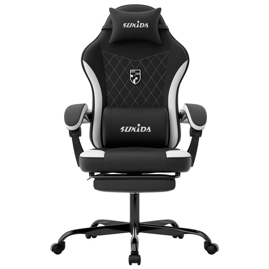 Gamingstoel – Bureaustoel – Gamestoel – Stoel Met Voetensteun – Ergonomische Stoel – Memory Foam Zitting – Instelbare Rugleuning – Zwart-Wit